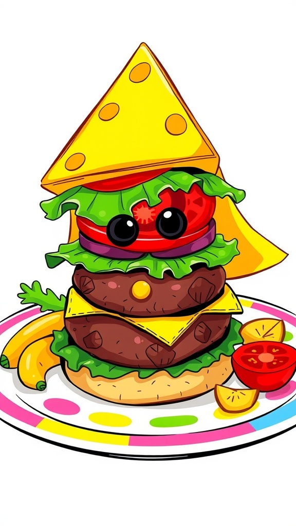 A creative burger doodle with toppings resembling clothing, served on a plate with colorful vegetables.